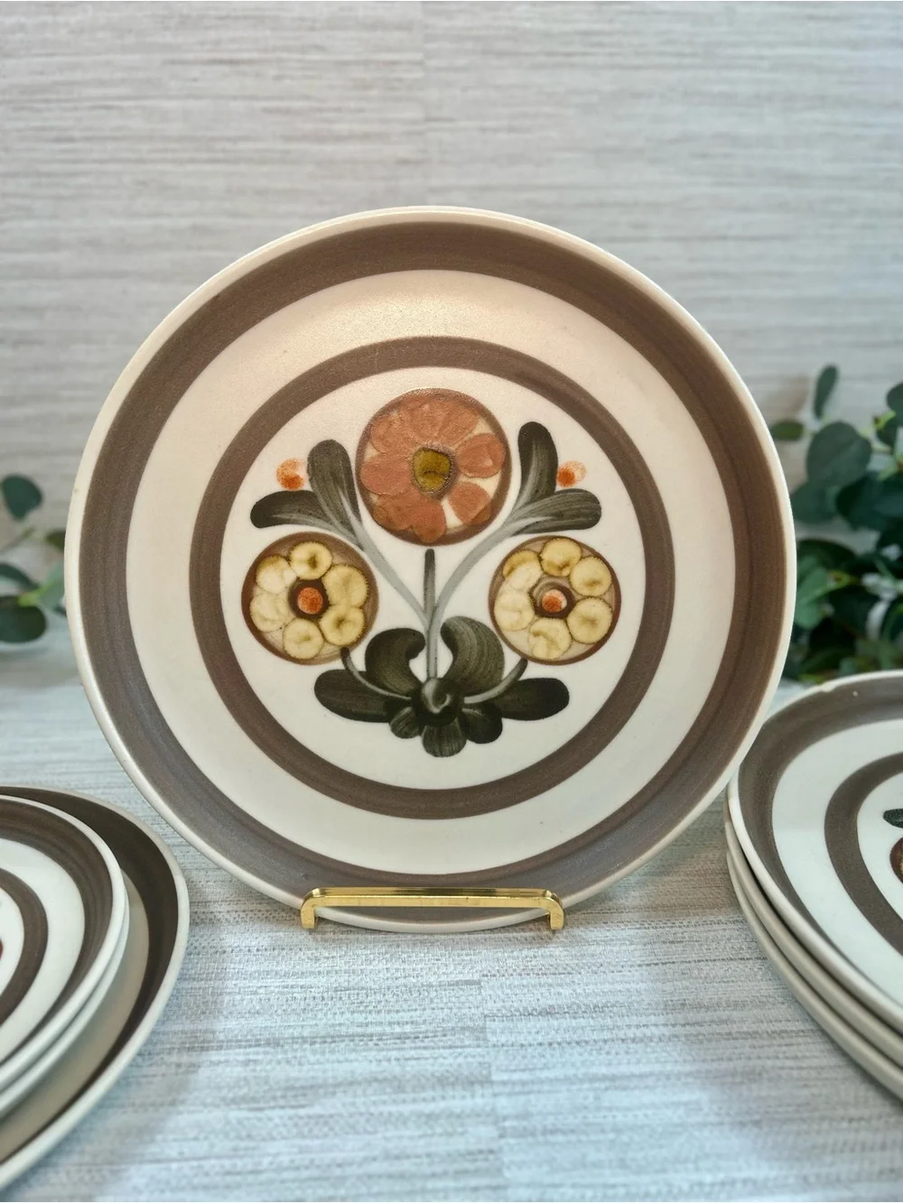 Vintage Langley England Stoneware Plates Set of 8 Retro Floral Brown Orange